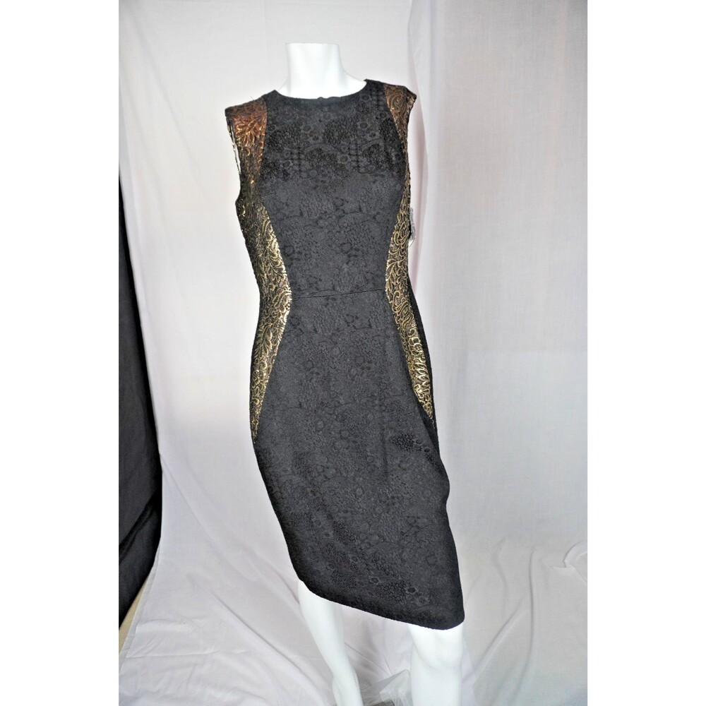 Carmen Marc Valvo Black and Gold Floral On Both Side Evening Midi Dress Size 10